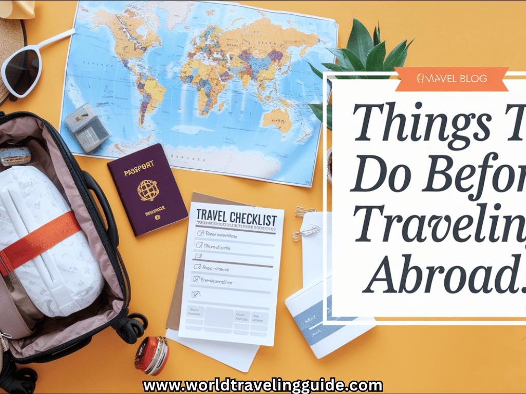 "Travel essentials for abroad: a packed suitcase, world map, passport, travel documents, and checklist representing preparation for international travel."