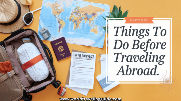 "Travel essentials for abroad: a packed suitcase, world map, passport, travel documents, and checklist representing preparation for international travel."