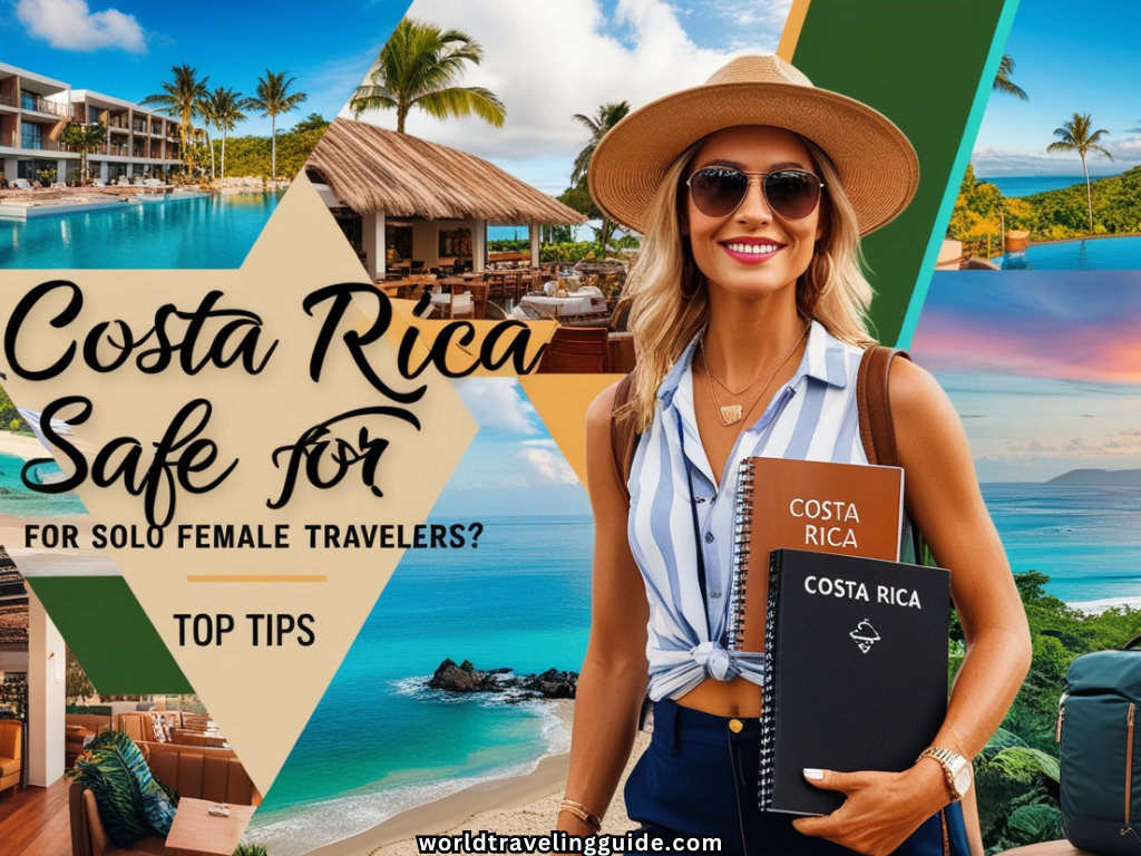 Confident solo female traveler exploring Costa Rica, featuring lush rainforests, pristine beaches, modern resorts, and tropical vibes.