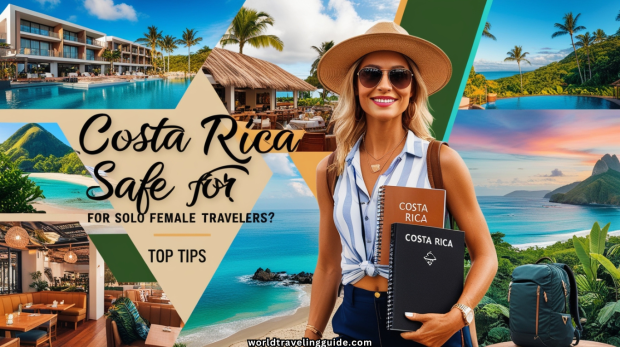 Confident solo female traveler exploring Costa Rica, featuring lush rainforests, pristine beaches, modern resorts, and tropical vibes.